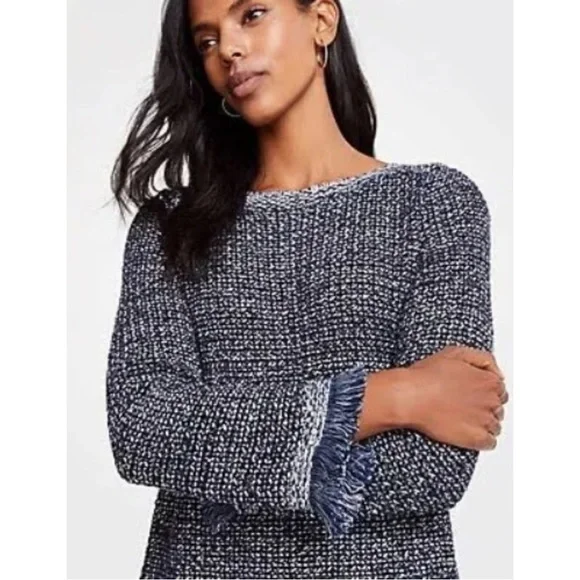 Ann Taylor Women Sequin Fringe Navy & White Metallic Chunky Knit Sweater Size XL - Picture 2 of 9